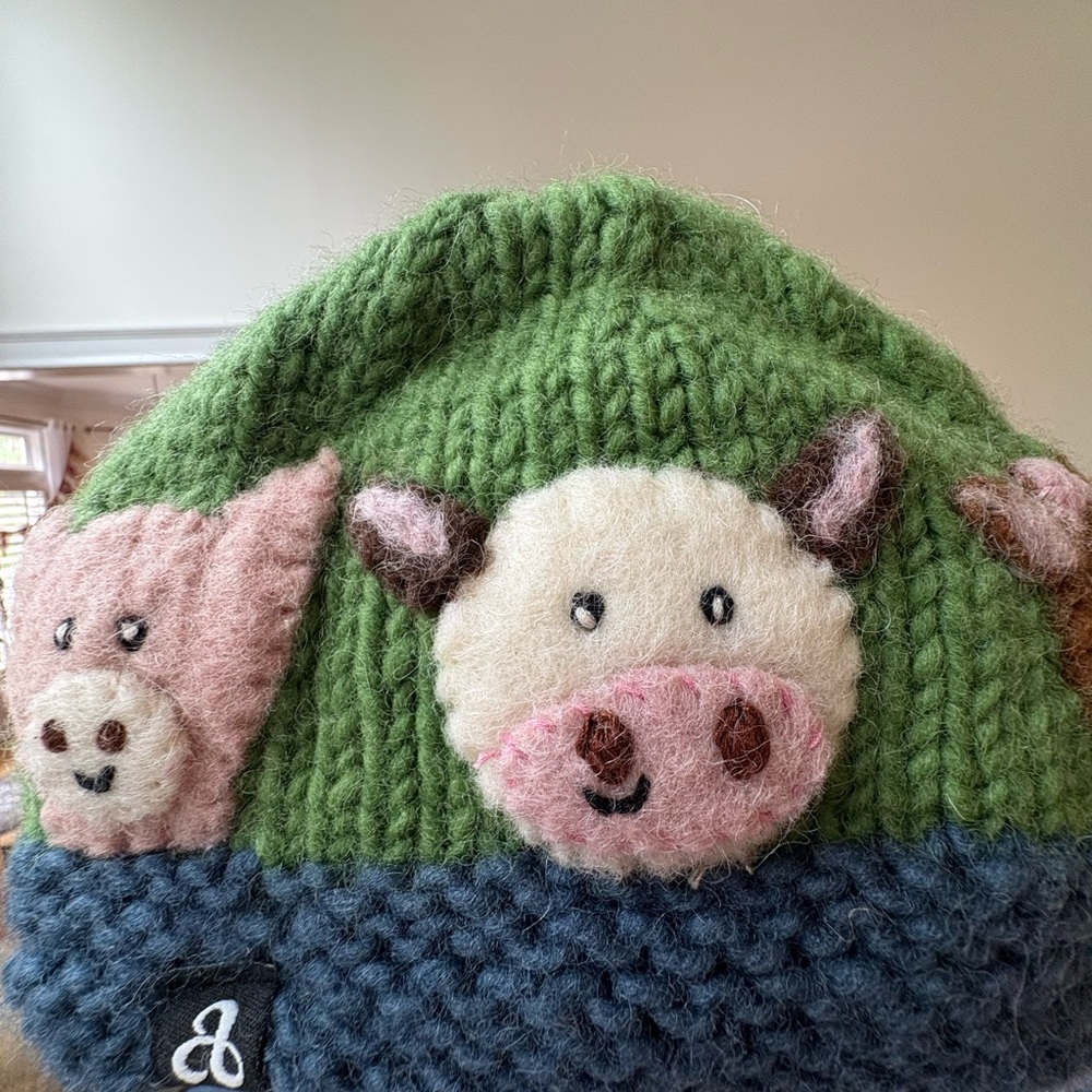 Green and Blue Knit Beanie with Felt Animals